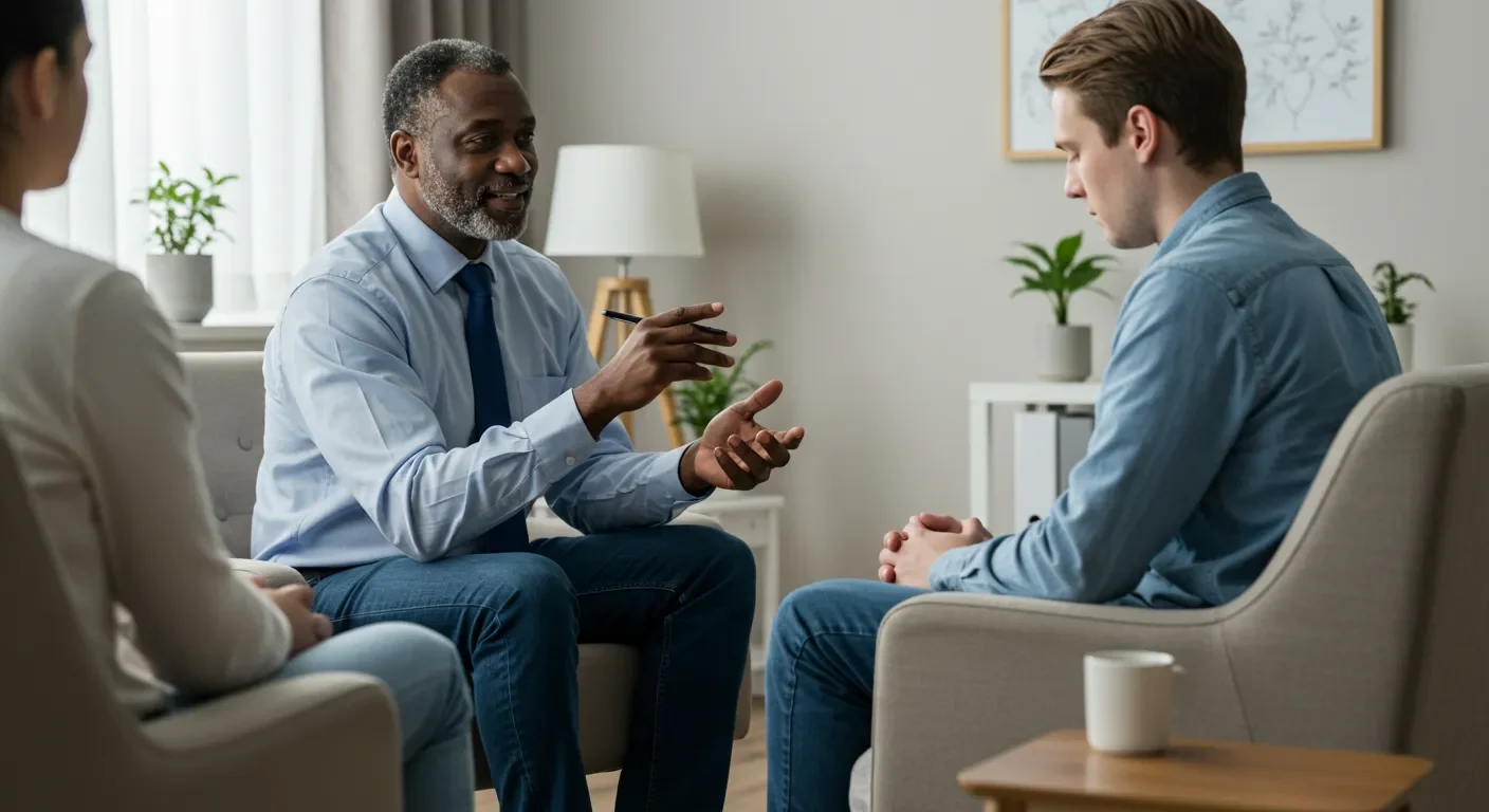 Counselor facilitates engaging dialogue in a warm, inviting therapy session with two individuals.