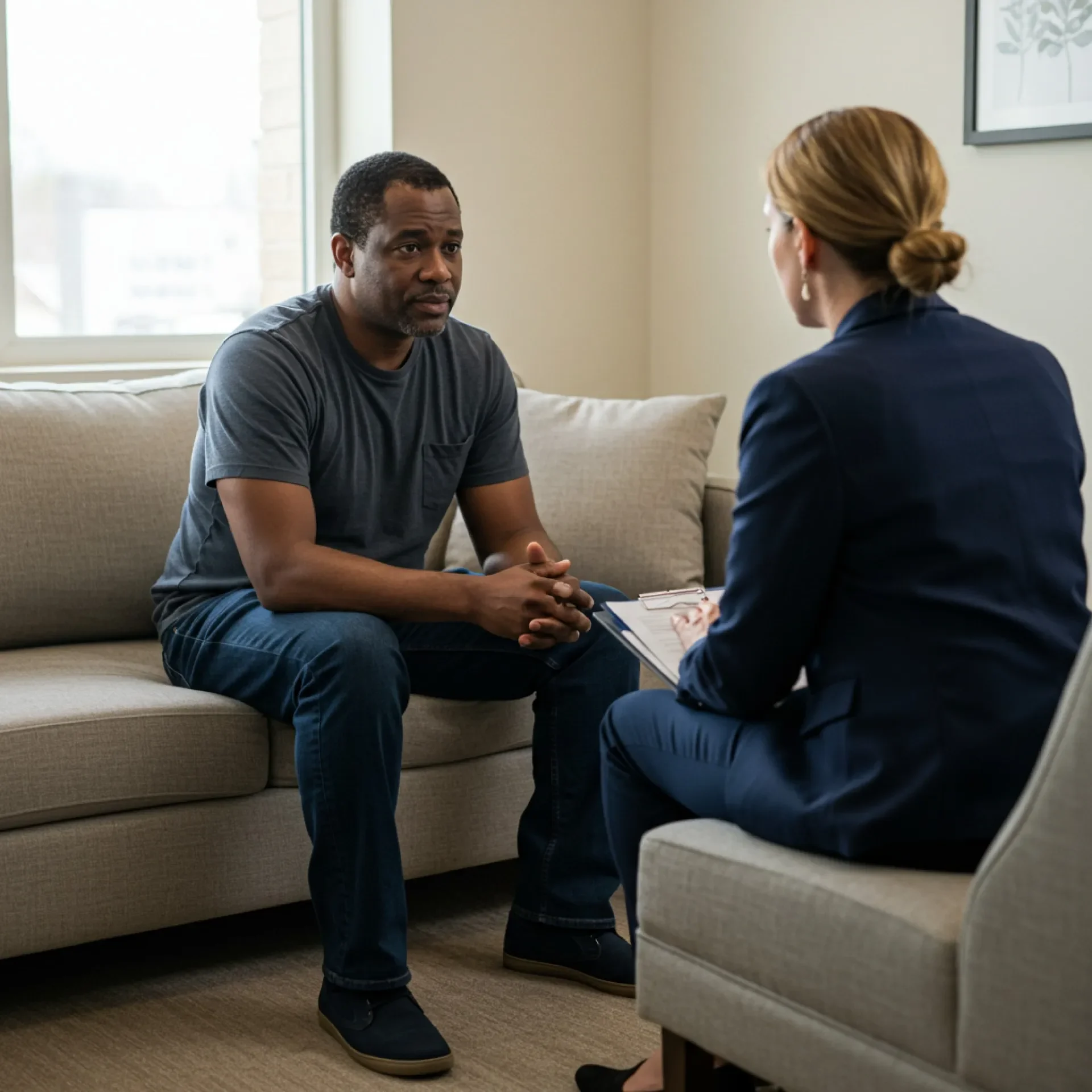 Therapeutic counseling session with a client and therapist in a calming environment.