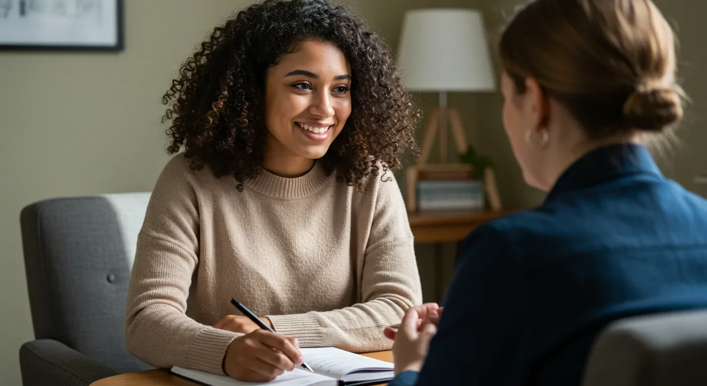 Young woman engaged in a supportive conversation at a cozy, inviting table setting.