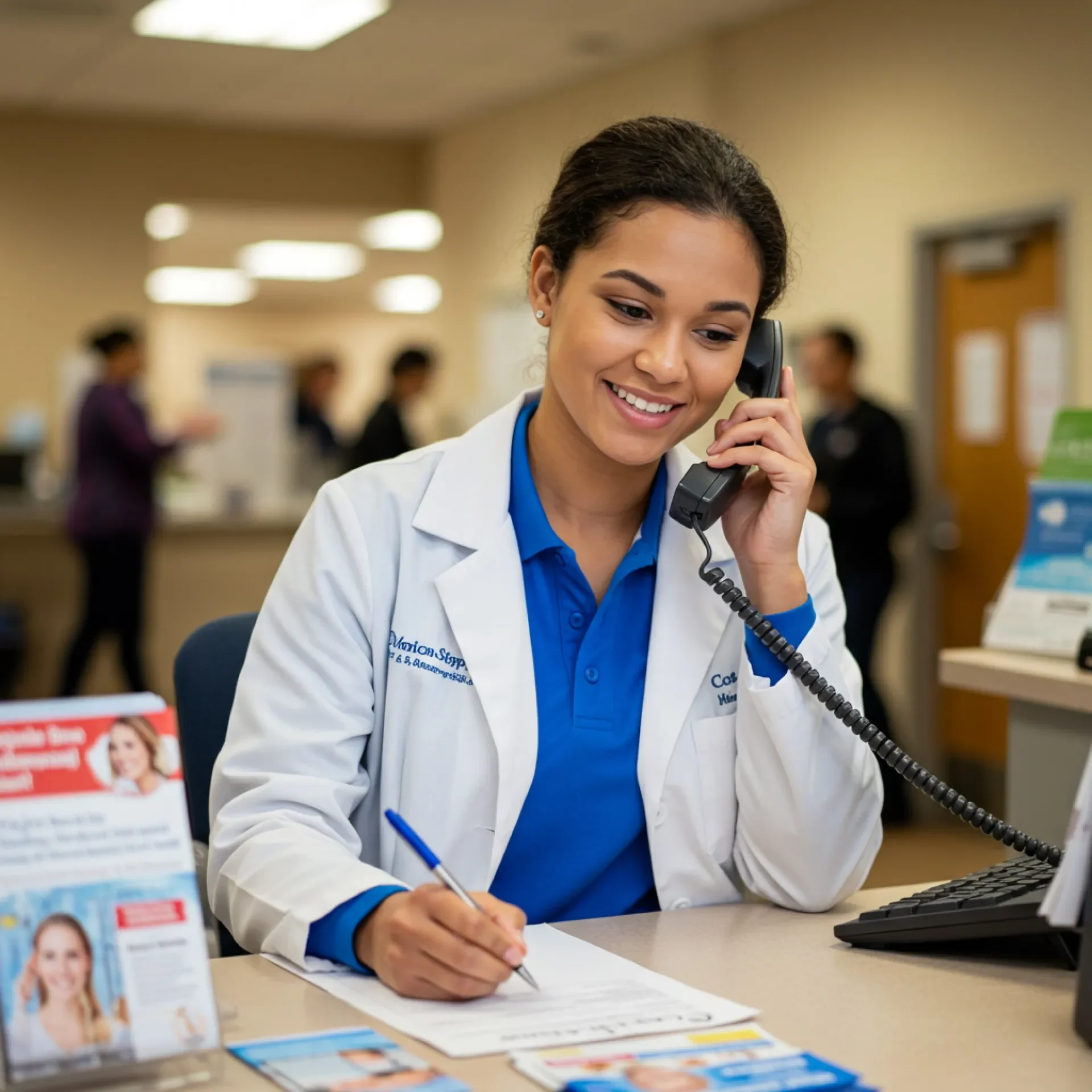 Young healthcare professional at a reception desk, providing friendly patient support in a busy office.